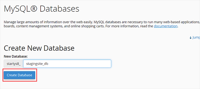 Click create database button to create a  Staging site database