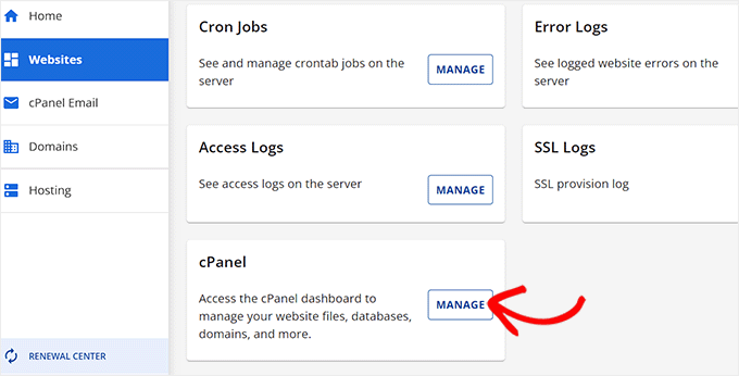 Click Manage button next to the cPanel option