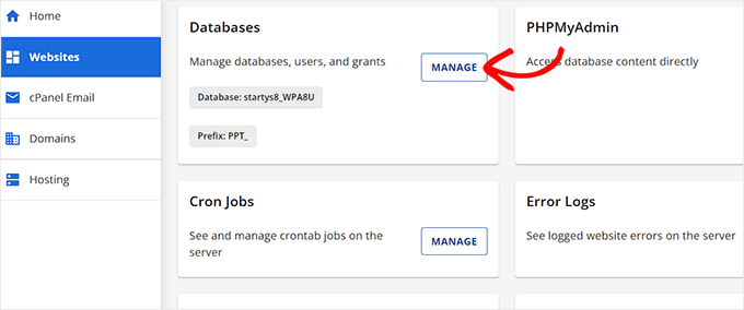 Click the Manage button next to the Database option