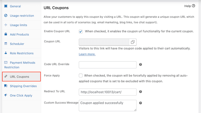 Creating a URL coupon code