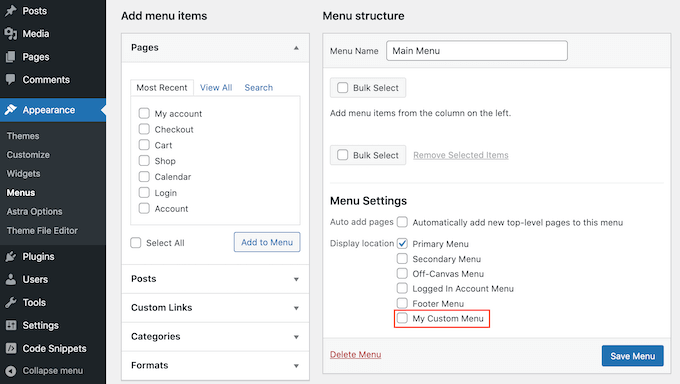 A custom navigation menu created using the WPCode plugin