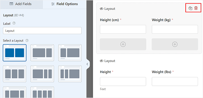 Delete a layout field according to the measurement system you chose 