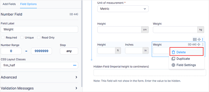 Delete unit fields for the measurement system that you have removed