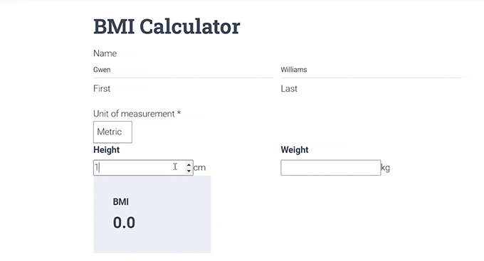 Formidable Forms BMI calculator preview