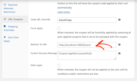 Adding a redirect to the coupon URL in WooCommerce