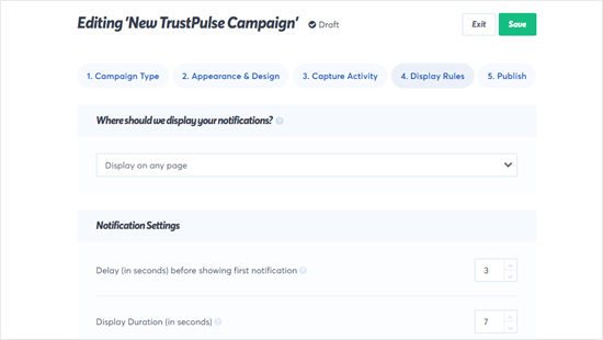 You can tweak the TrustPulse notification settings to work exactly how you want
