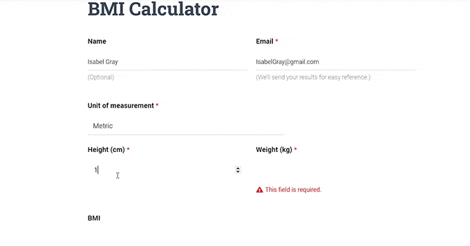 WPForms BMI calculator preview