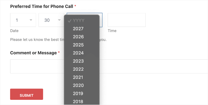 An example of WPForms' date dropdown menu