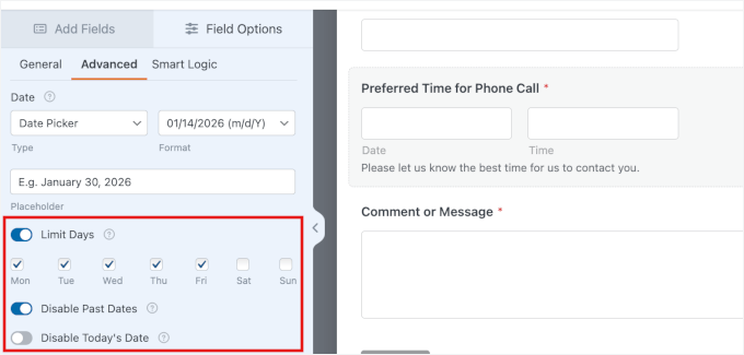 The Limit Days and Disable Past Dates settings for the Date Time field in WPForms