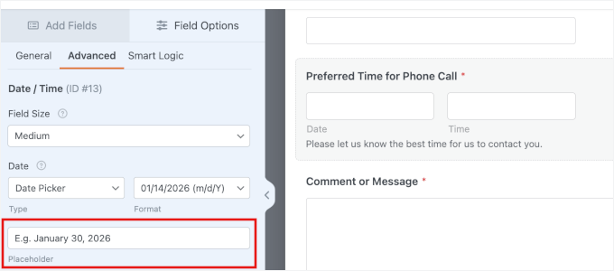Configuring the date picker's advanced settings in WPForms