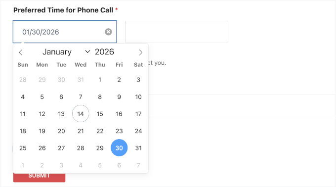The default Date Time picker calendar in WPForms