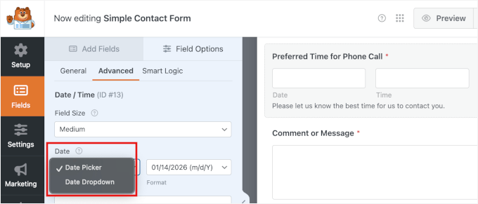Choosing the Date Dropdown type in WPForms