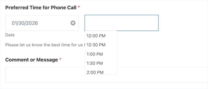 The default time dropdown picker in WPForms