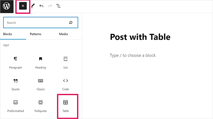 Add table block