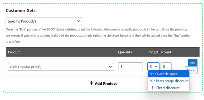 Välj den produkt kunden får som en del av erbjudandet