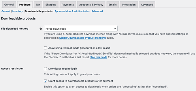 Configure as configurações de arquivos digitais no WooCommerce