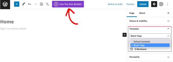 Selecting the Blank Page Template in the Divi Theme