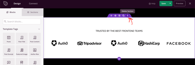 Delete a Block or Section by Clicking the Trash Icon