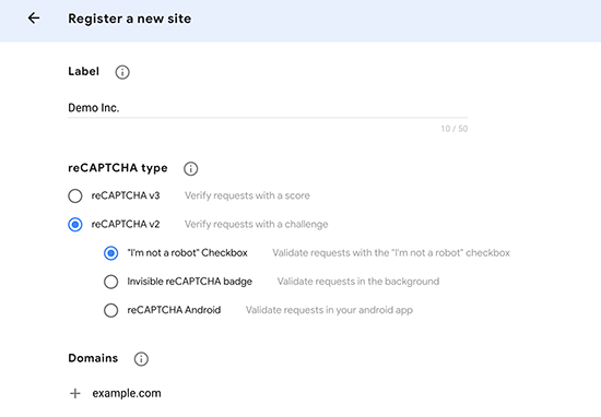 reCAPTCHA settings reCAPTCHA settings
