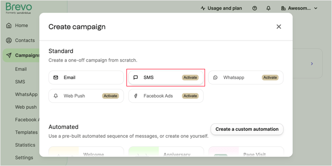 Click the Activate Button Next to SMS Campaigns