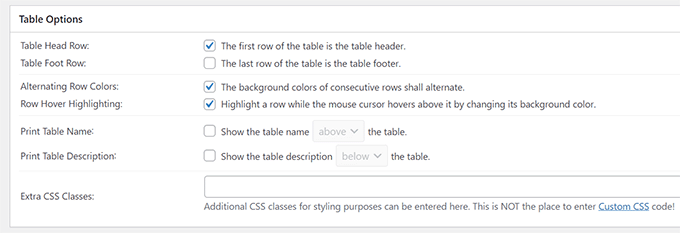 Advanced table options