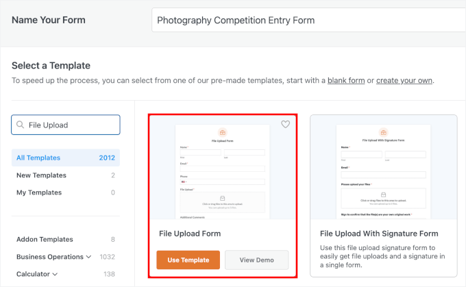 Elige la plantilla de formulario de carga de archivos