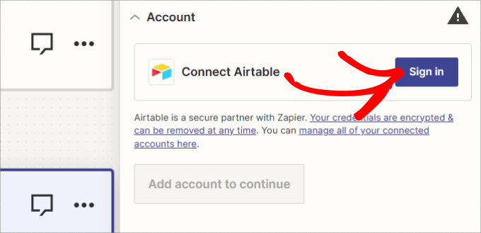 Sign in to connect airtable 