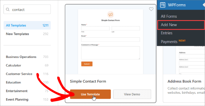 Use template for simple contact form 