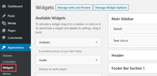 The widgets section of the WordPress admin