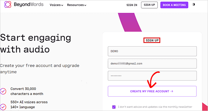Create your free account in BeyondWords