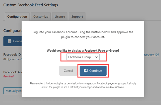 Select Facebook Group from the dropdown menu and click to continue