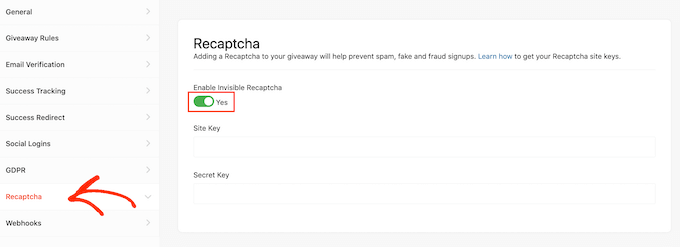 Adding an invisible recaptcha to a giveaway contest