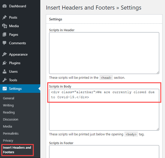 افزودن کد HTML با استفاده از افزونه Insert Header and Footers