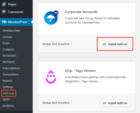 Install the MemberPress Corporate Accounts add-on