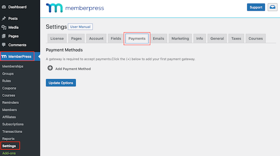The MemberPress payment settings page