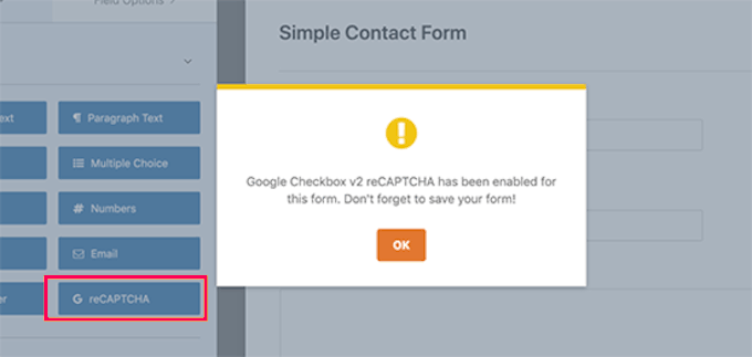Adăugarea câmpului recaptcha la formularul dvs.
