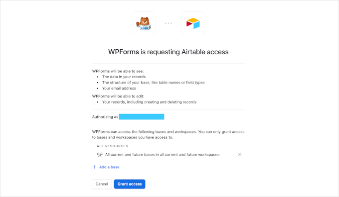 WPFormsとAirtableの統合の許可