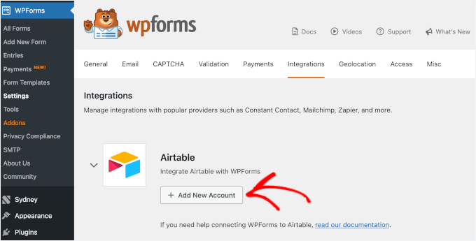 WPFormsとAirtableの統合の設定