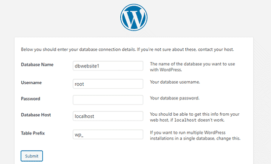 输入您的 WordPress 数据库信息