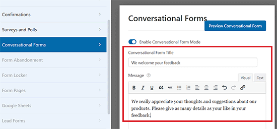 Add a title and message for the conversational form