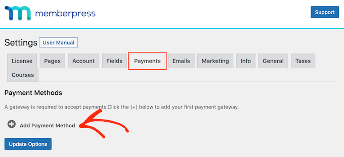 The MemberPress payment gateway settings