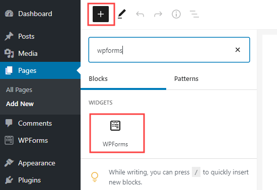 Add a WPForms block to your page in Wordpress