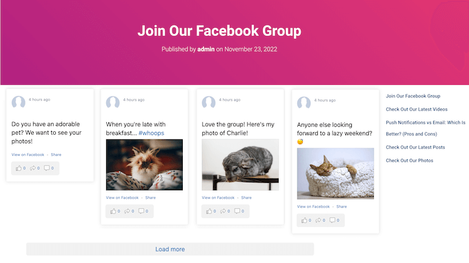 An example of an embedded Facebook group page in WordPress