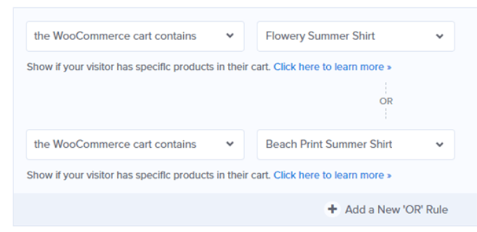 OptinMonster WooCommerce cart contains rules