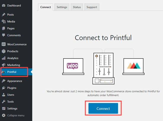 单击按钮将 Printful 连接到 WooCommerce