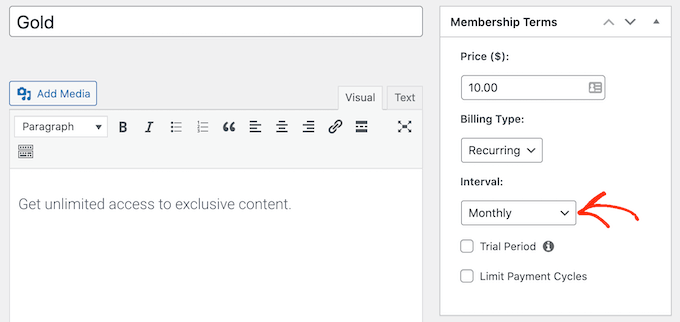 The MemberPress recurring payment settings