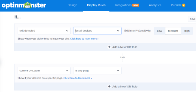 Set exit intent sensitivity and page location