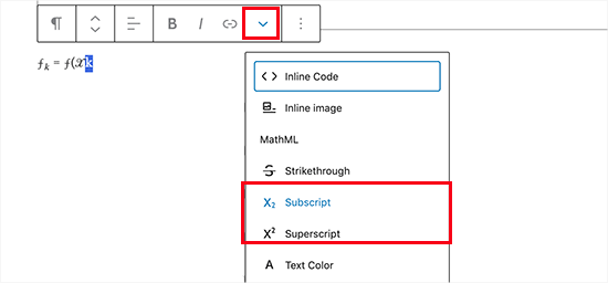 Using subscript and superscript in WordPress paragraph block