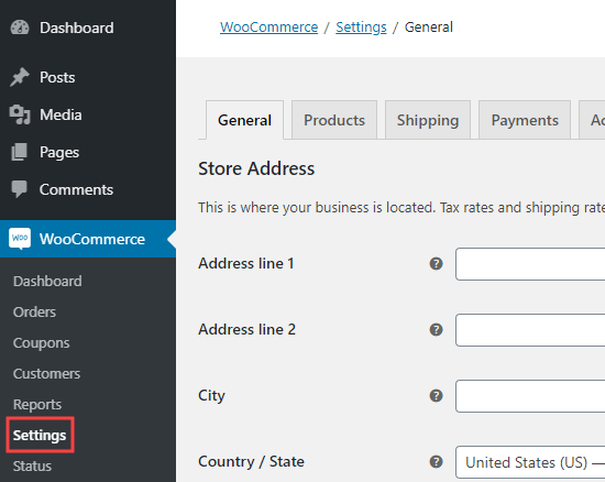 WordPress 仪表板中的 WooCommerce 设置页面