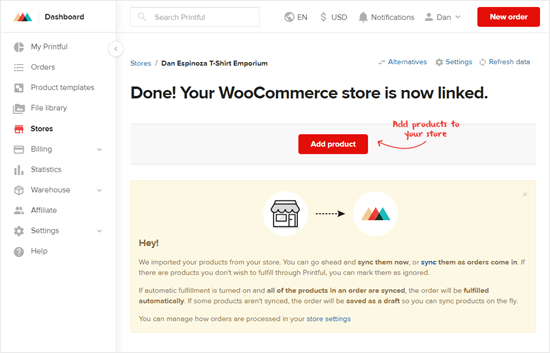 您的 WooCommerce 商店现已链接到您的 Printful 帐户